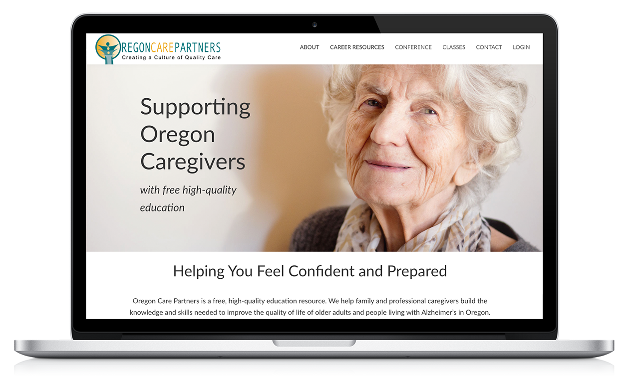 Página de inicio del sitio web de Oregon Care Partners en un ordenador portátil